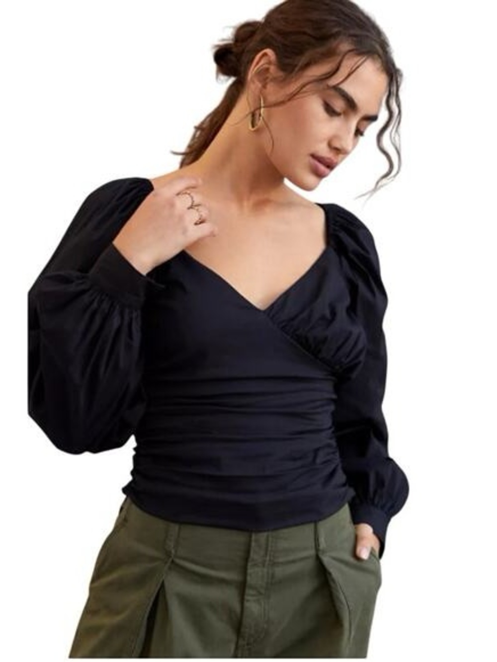 Anthropologie Black Puff-Sleeve Wrap Blouse
